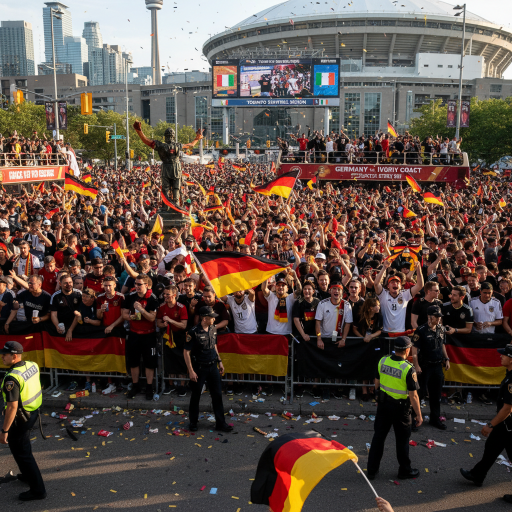 Thousands of German fans in national colors fill Toronto streets, celebrating their team before a World Cup match.