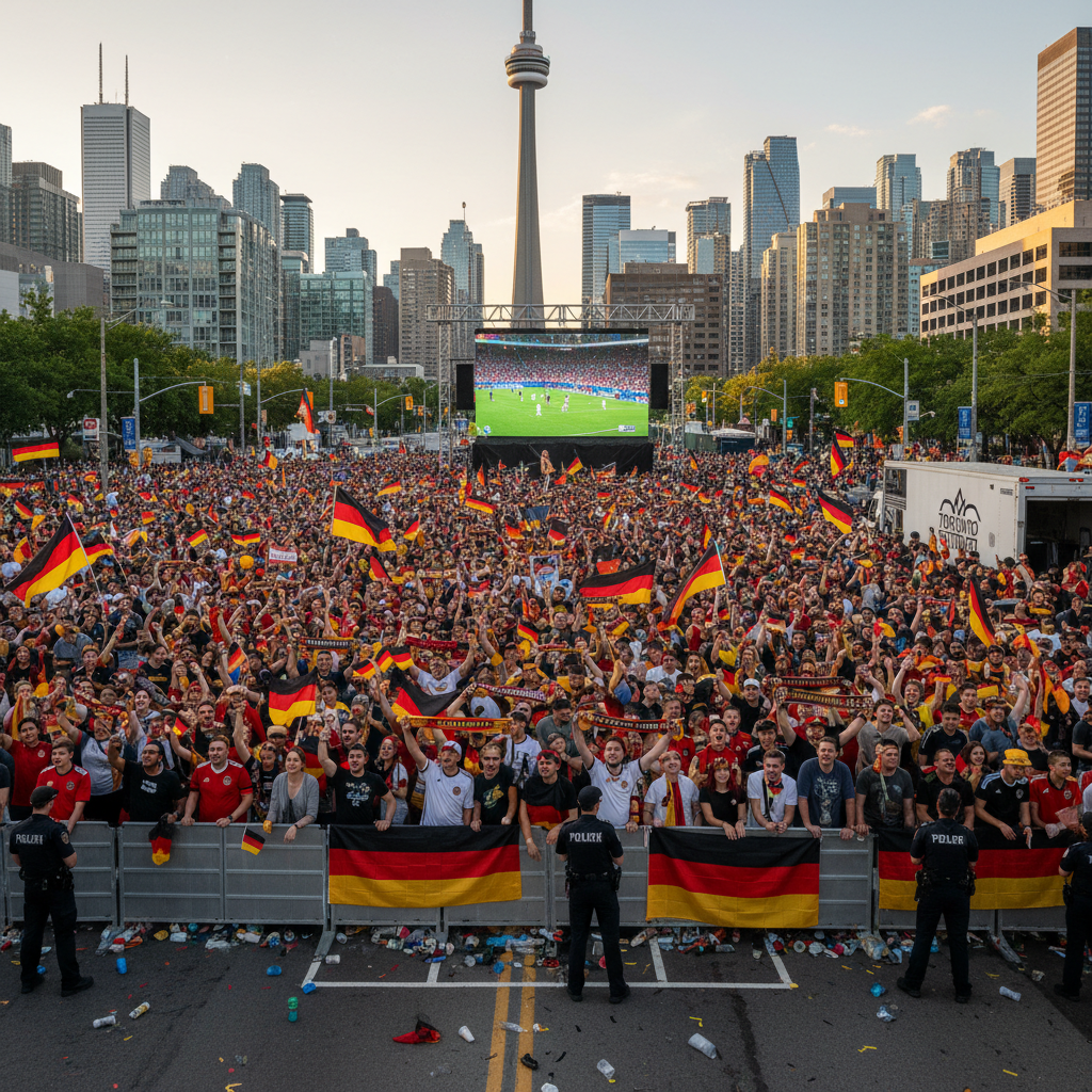 Thousands of German soccer fans in national colors celebrating in downtown Toronto streets.