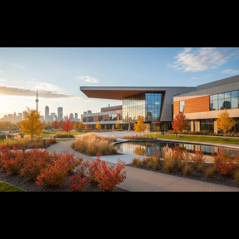 Modern building exterior with landscaped grounds, realistic architectural photography setting.