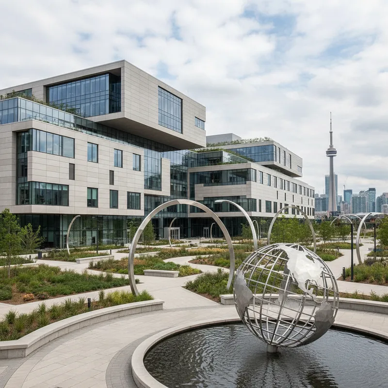 Modern building exterior of Toronto Metropolitan University with landscaped grounds, architectural photography style.