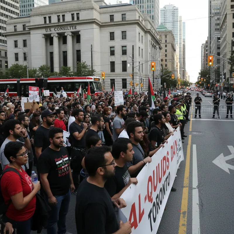 Protesters hold Al-Quds Day signs near the U.S. Consulate in Toronto after a judge cleared the way for the rally.