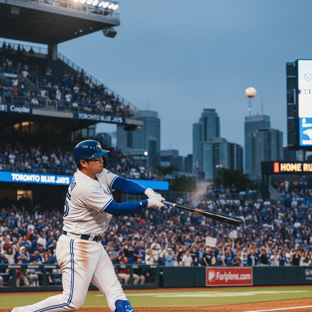 Kazuma Okamoto swings a baseball bat during a game, hitting a home run for the Toronto Blue Jays.
