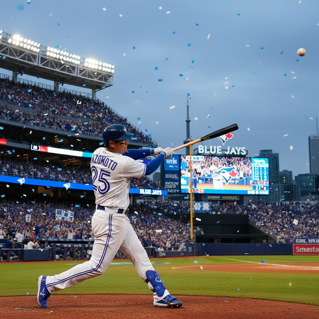 Kazuma Okamoto swings a baseball bat during a dynamic action shot at a baseball stadium.