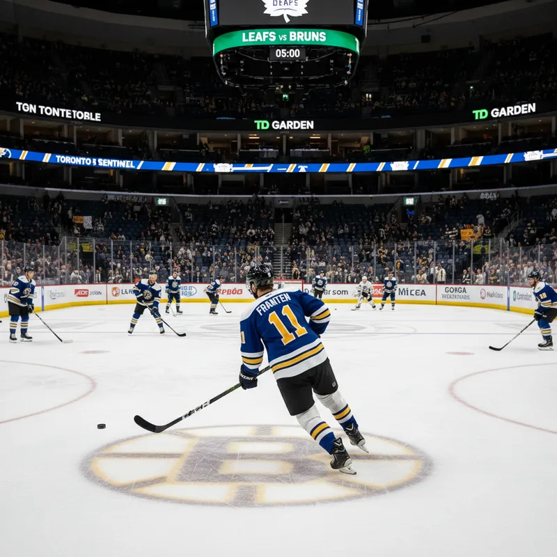 Fraser Minten skates at centre ice during warmups for the Leafs-Bruins game at TD Garden.