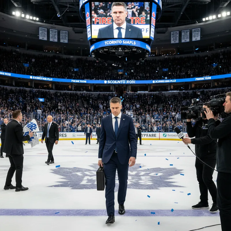 A Maple Leafs executive stands grimly on a hockey rink, holding a crumpled piece of paper.