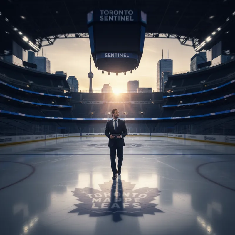 Maple Leafs arena with hockey rink and empty seats, representing team restructuring.