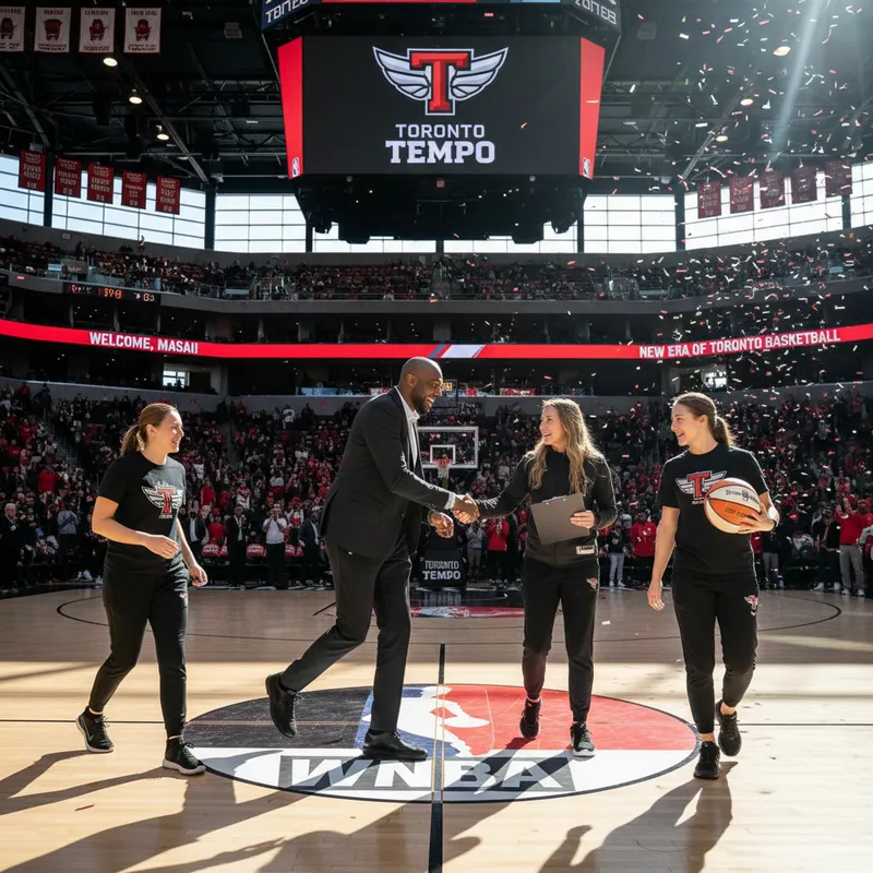 Masai Ujiri in a basketball stadium, looking towards the court, newly announced Toronto Tempo owner
