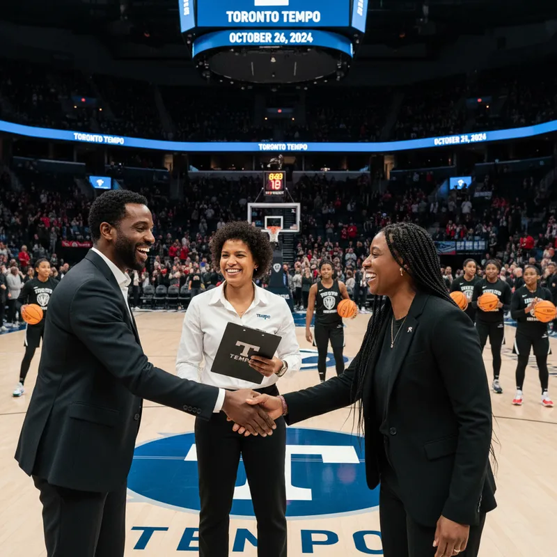 Masai Ujiri in a stadium, celebrating a basketball game, with the Toronto Tempo logo visible.