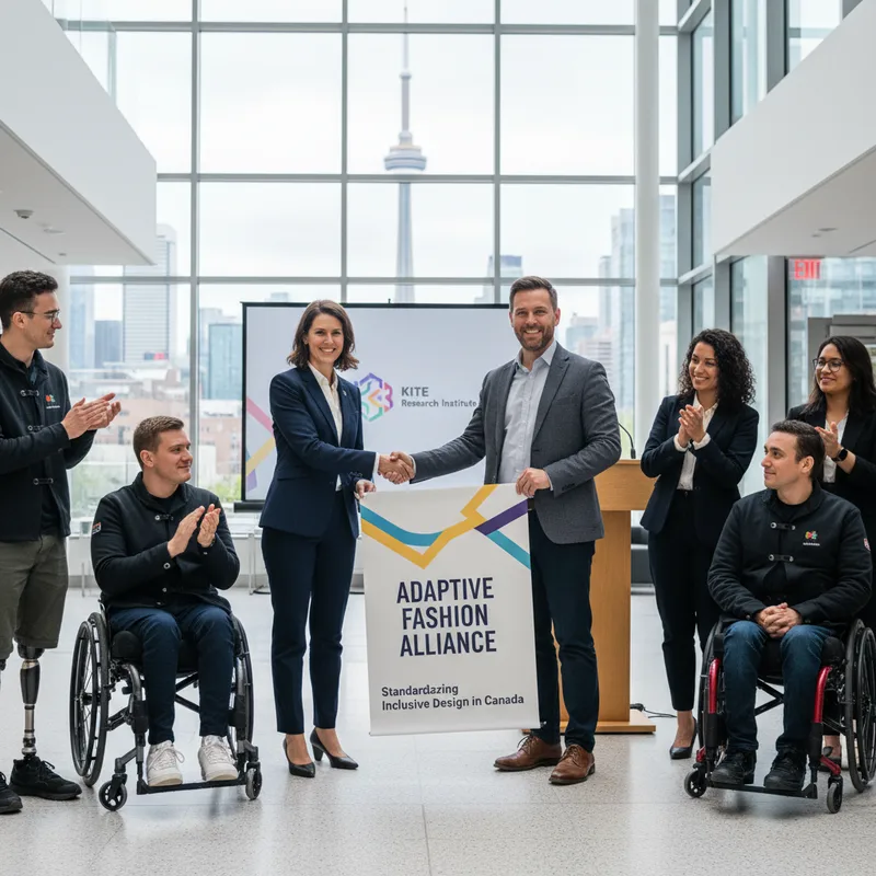 A diverse group of people modelling adaptive clothing, showcasing inclusive design innovation.