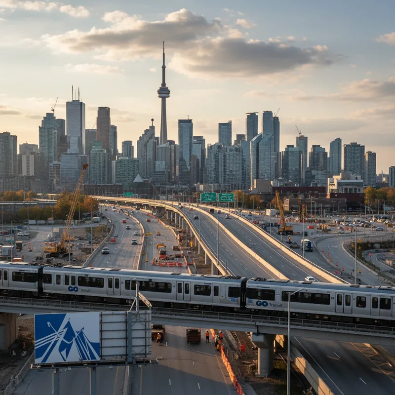A photorealistic image of Toronto's skyline with transit and highway infrastructure prominent in the foreground.