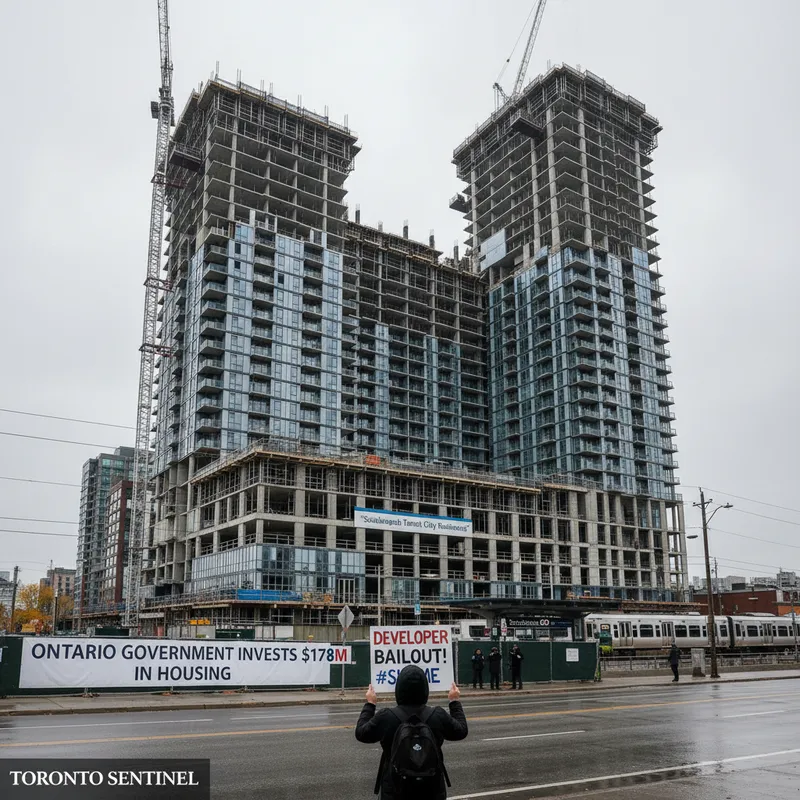 A wide architectural shot of a stalled residential building project near a GO station, awaiting redevelopment.