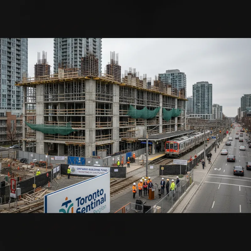 Wide establishing shot of a large, stalled apartment building construction project near a GO station in Scarborough.
