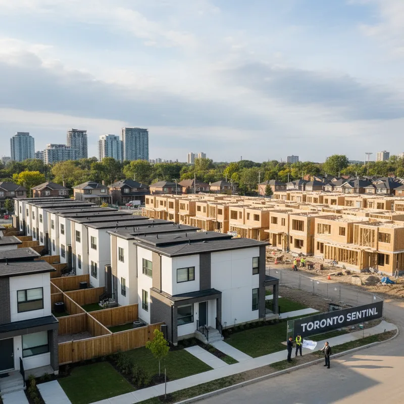Wide shot of a Toronto neighbourhood with diverse housing types, showcasing potential for smaller lot development.