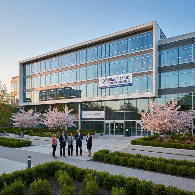 Modern Ontario government building exterior with landscaped grounds, realistic architectural photography style.