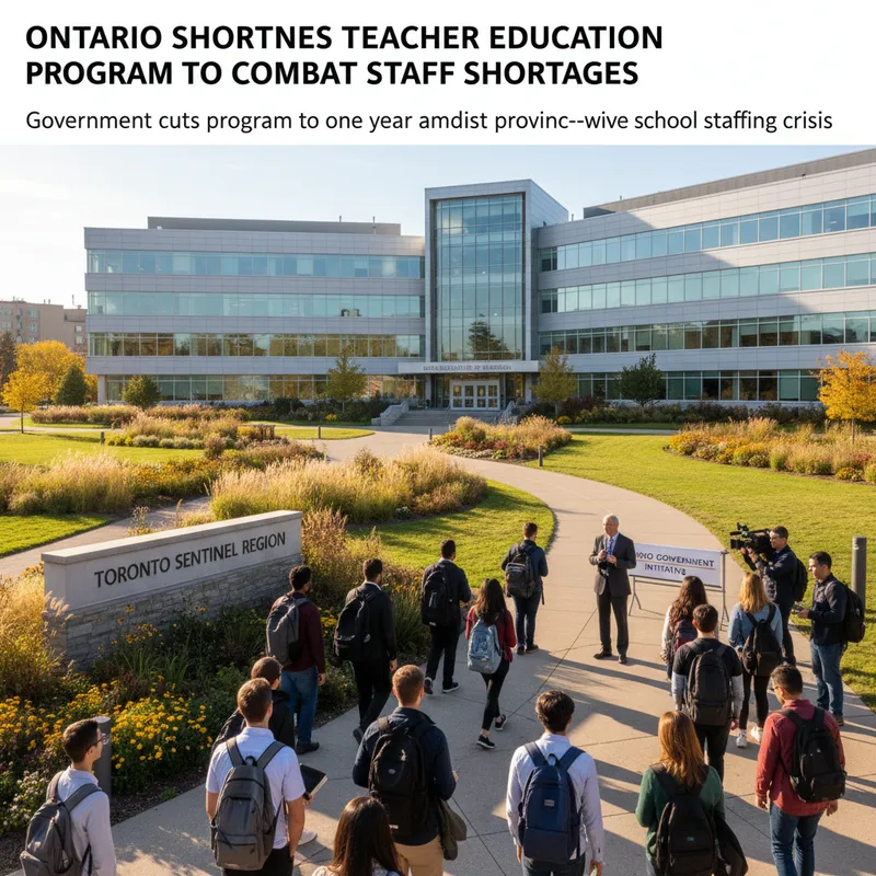 Modern Ontario university building exterior with landscaped grounds, realistic architectural photography.