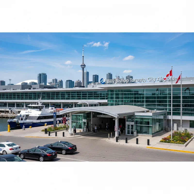 Billy Bishop Toronto City Airport terminal building entrance with pedestrian tunnel or ferry access visible.