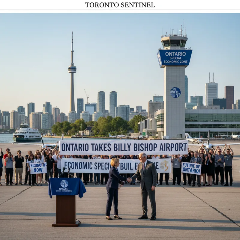 Billy Bishop Toronto City Airport shown from a distance, under natural daylight, as Ontario designates it a special economic zone.