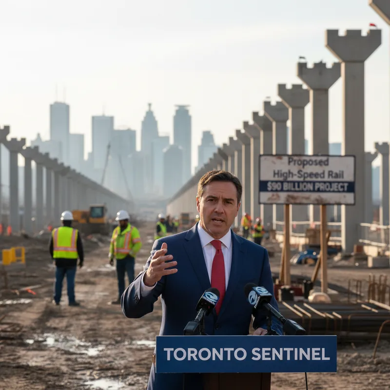 Conservative Leader Pierre Poilievre speaks at a press conference, gesturing emphatically.
