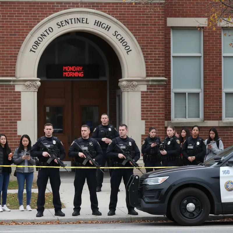 Police officers at the entrance of a Toronto high school during a security response to a series of voicemail threats.
