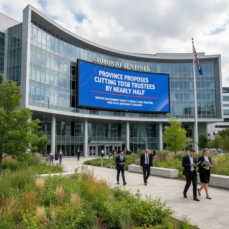 Modern building exterior with landscaped grounds, representing the Toronto District School Board headquarters.