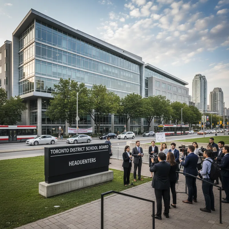 Modern Toronto District School Board building exterior with landscaped grounds, realistic setting.