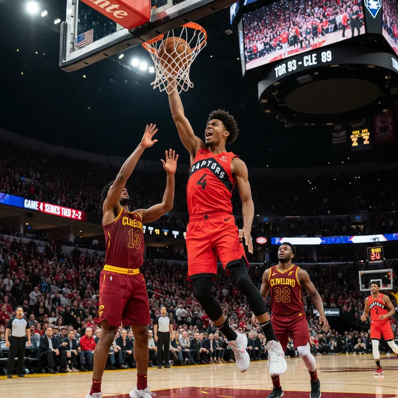 Scottie Barnes driving to the basket for a layup during a playoff basketball game.
