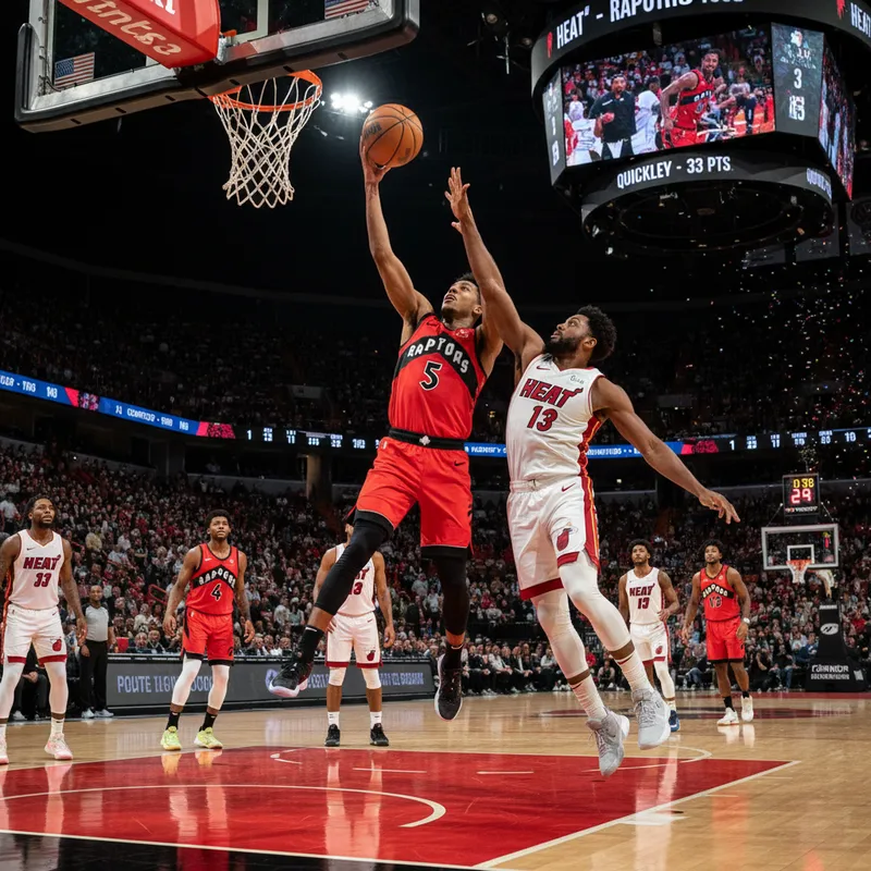 Immanuel Quickley drives to the basket during a basketball game between the Raptors and the Heat.