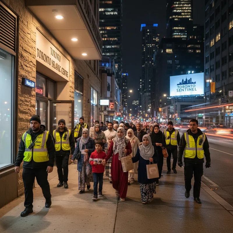 Volunteer security members escorting worshippers from Toronto Islamic Centre at night near Yonge and Bloor.