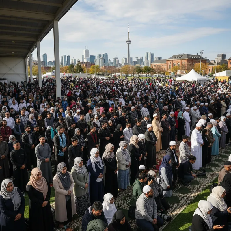 A diverse crowd of thousands celebrates Eid al-Fitr at the MAC Eid Festival in Toronto's Exhibition Place.