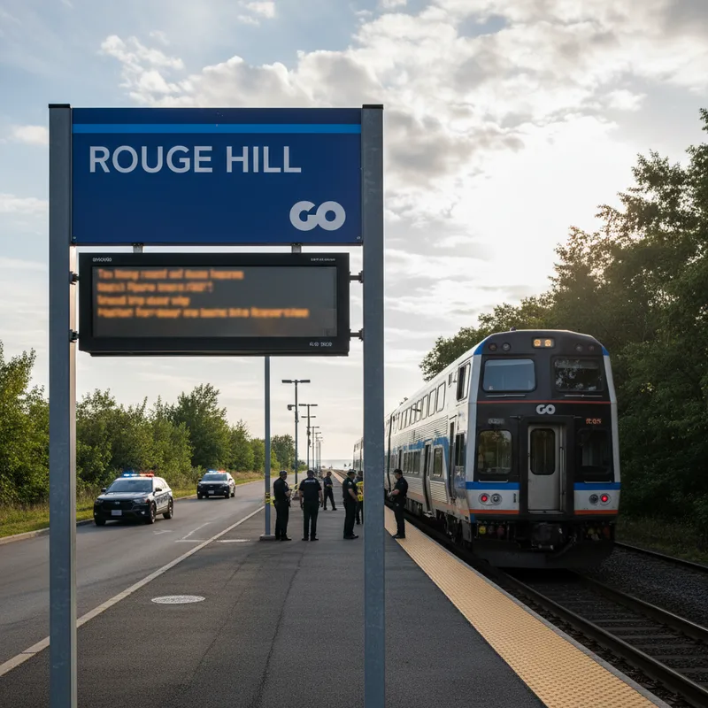 Rouge Hill GO Station platform signage with a GO Train in the background during daylight. — Toronto Sentinel