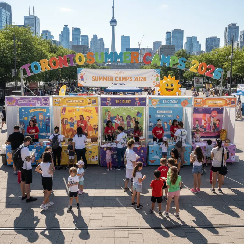 Children engaging in various summer camp activities like sports and arts in a realistic Toronto setting.