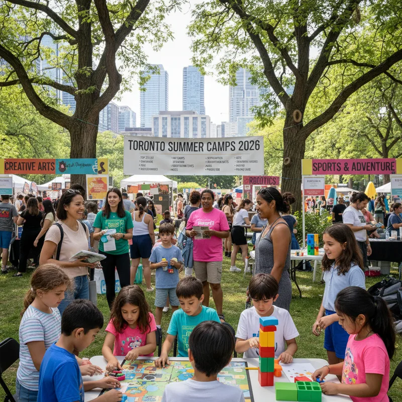 Children participate in outdoor summer camp activities in Toronto, guided by counselors under natural sunlight.