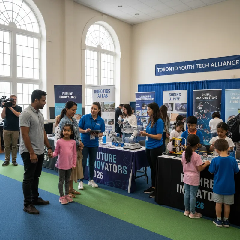 Children engaged in a robotics class at a Toronto summer camp, learning technical skills for 2026.