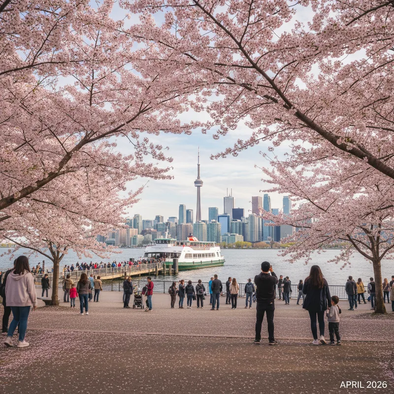 Cherry blossoms in full bloom on Centre Island with the Toronto skyline visible in the background.