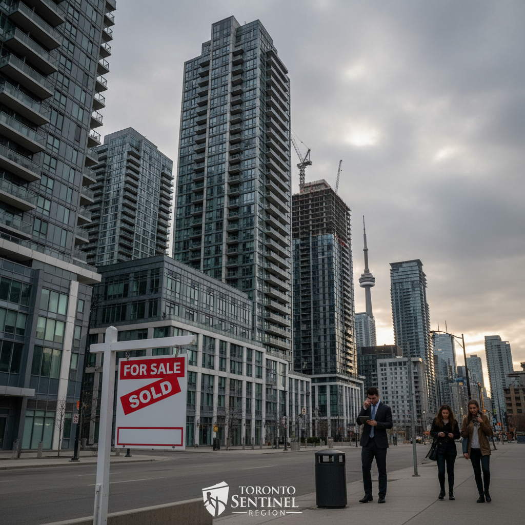 Wide establishing shot of Toronto's skyline with a focus on condominium buildings.