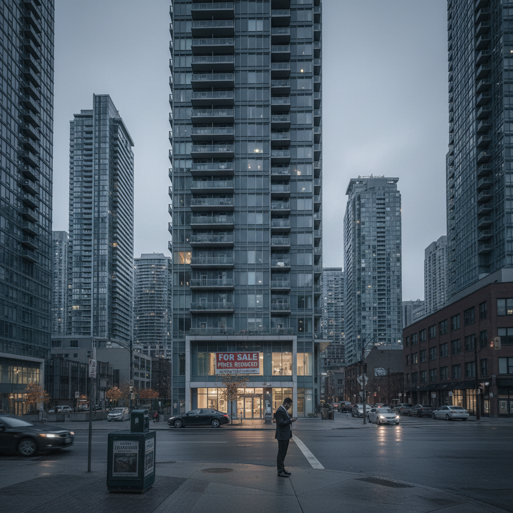Wide, establishing shot of Toronto skyline with a focus on modern condominium buildings.
