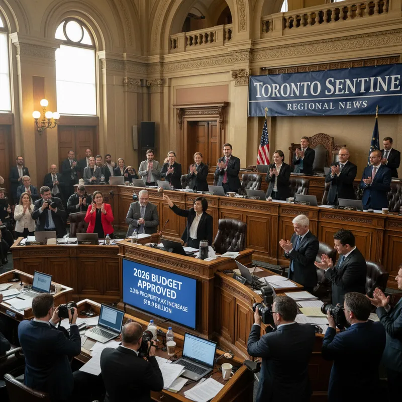 Toronto City Council chamber with Mayor Olivia Chow visible during a budget meeting.