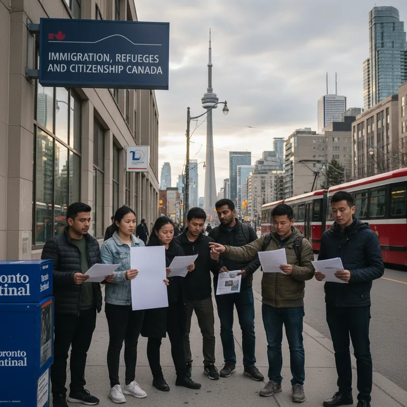 Temporary foreign workers in a realistic Toronto setting, under natural lighting.