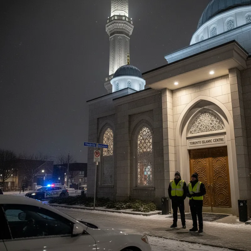A nighttime exterior photo of a Toronto mosque entrance with safety volunteers visible near the doors. — Toronto Sentinel