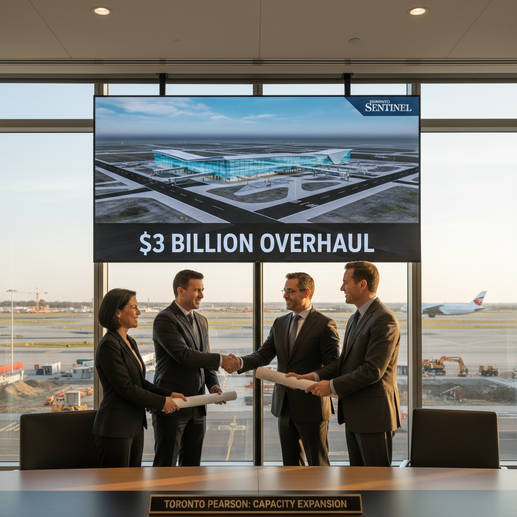 Modern airport terminal interior with an information display showing an airport renovation plan.
