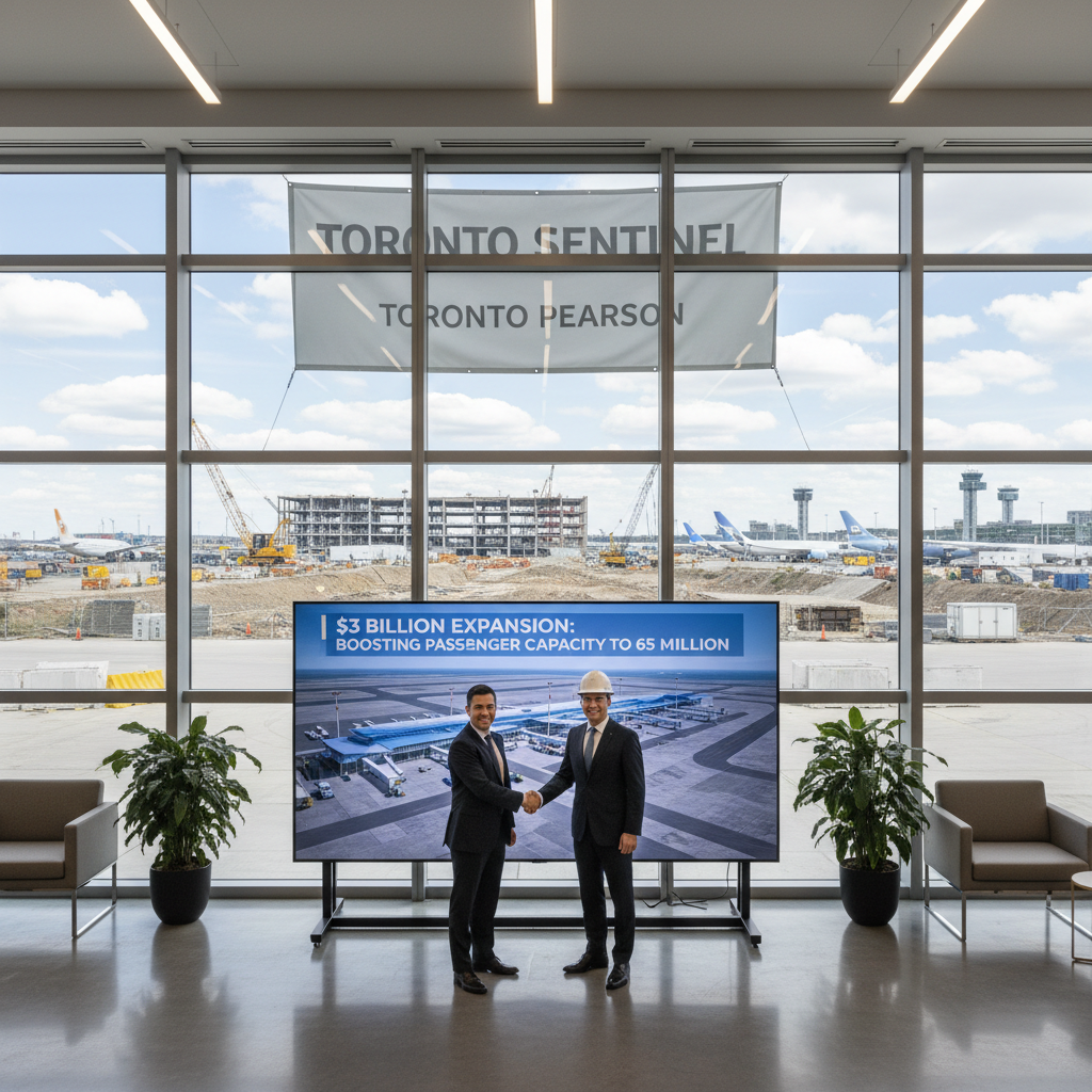 Modernized Toronto Pearson International Airport terminal exterior with planes on tarmac, symbolizing expansion.