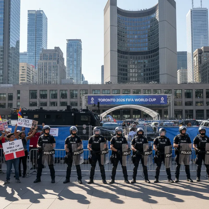 Toronto police officers in uniform stand alert in a realistic setting, anticipating a rise in protests.
