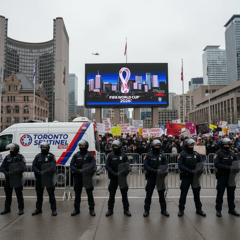 Toronto police officers in uniform stand alert, anticipating increased protests for the 2026 FIFA World Cup.