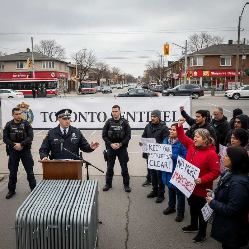 Police officers in uniform stand near a street in Toronto during a protest with blurred civilian figures in the background.