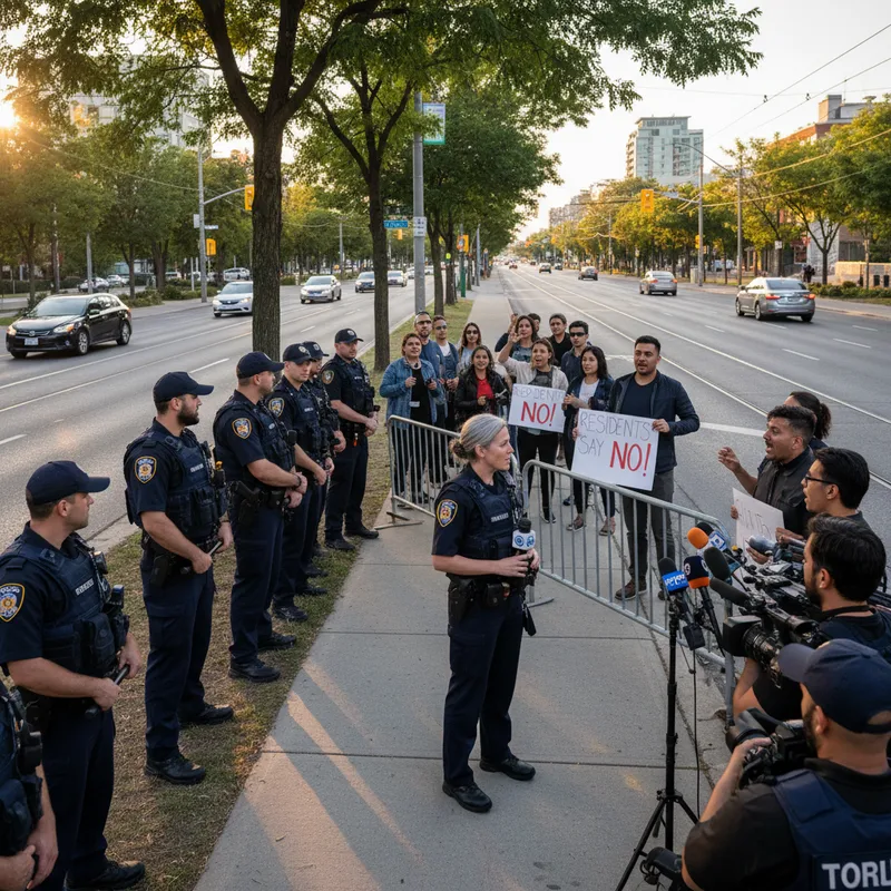 Police officers standing guard on a Toronto street with protesters nearby and concerned residents observing.