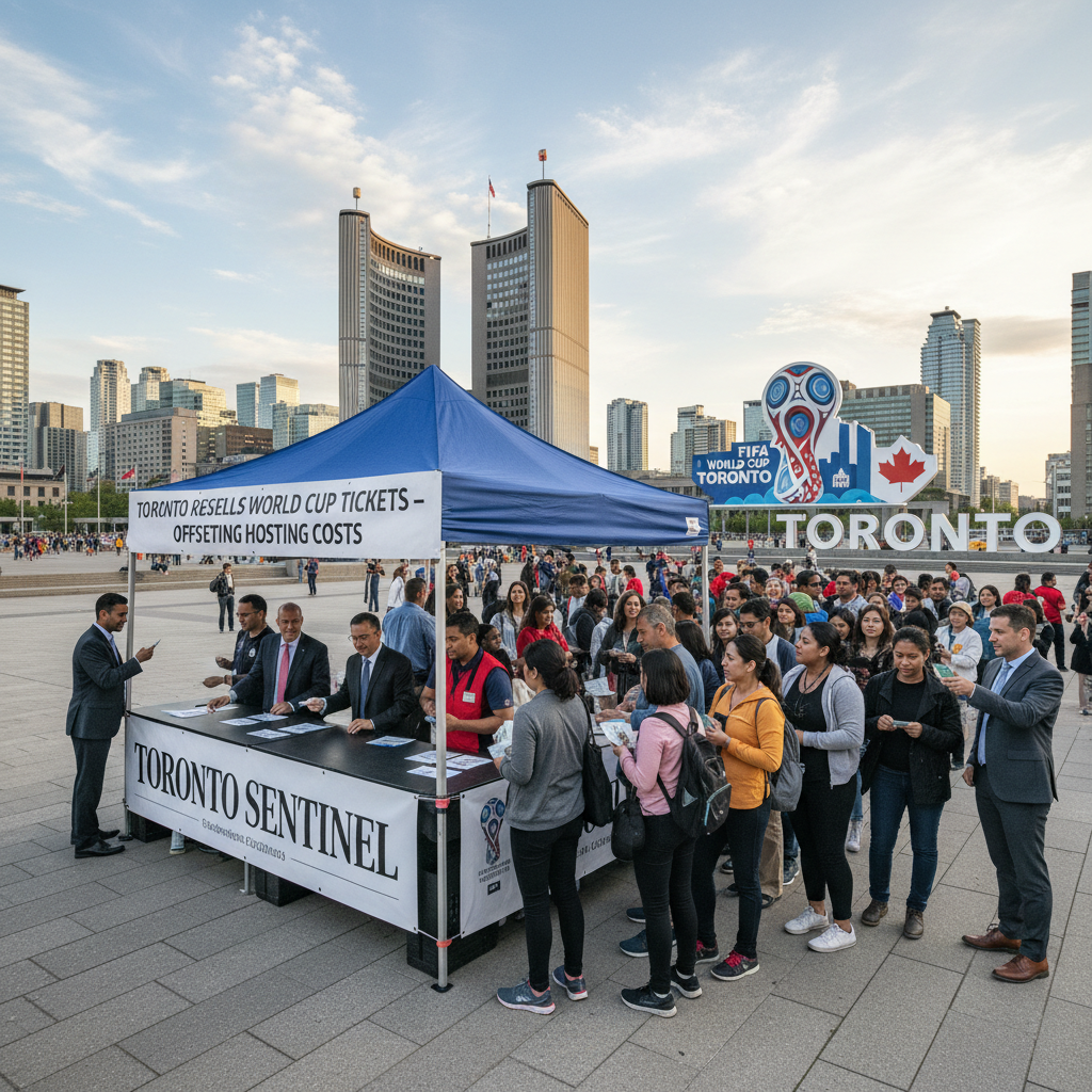 City Hall with Toronto city officials discussing FIFA World Cup ticket resale to offset costs.