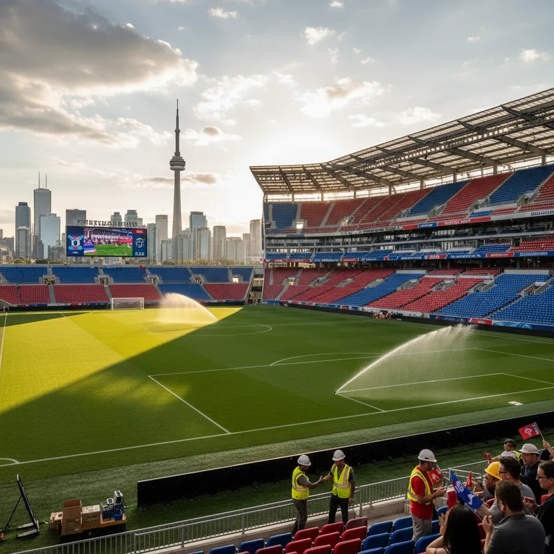 A dynamic action shot of a soccer stadium with renovations complete, ready for the World Cup 2026 tournament.