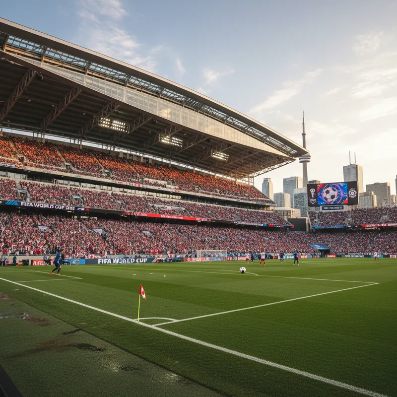 A photorealistic dynamic action shot of a renovated Toronto stadium, ready for the FIFA World Cup 2026 matches.