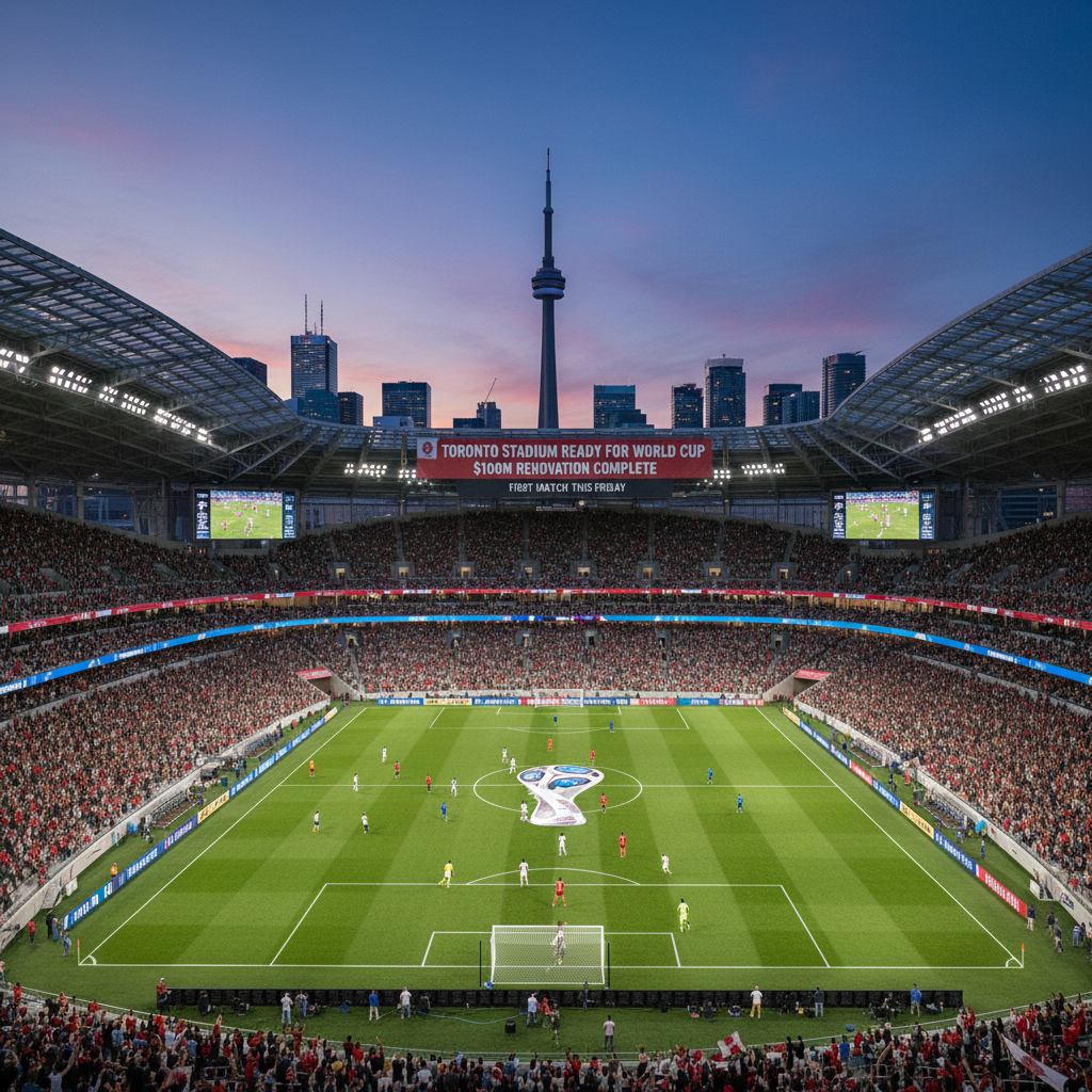Expansive Toronto Stadium with vibrant green field, ready for a major soccer event after extensive renovations.