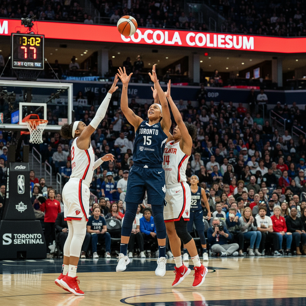 Players in red and blue uniforms during a basketball game at Coca-Cola Coliseum in Toronto.